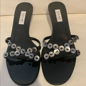 Black abalone shell sandals by Isaac. Size 9